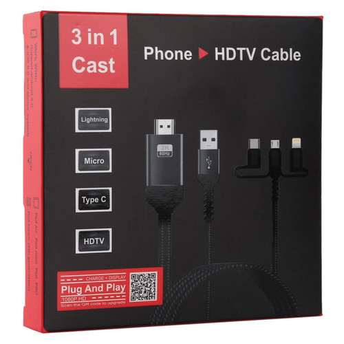 Câble Lightning 3 en 1 micro USB + câble HDTV HDMI / USB-C / Type-C + iPhone Lightning vers noir