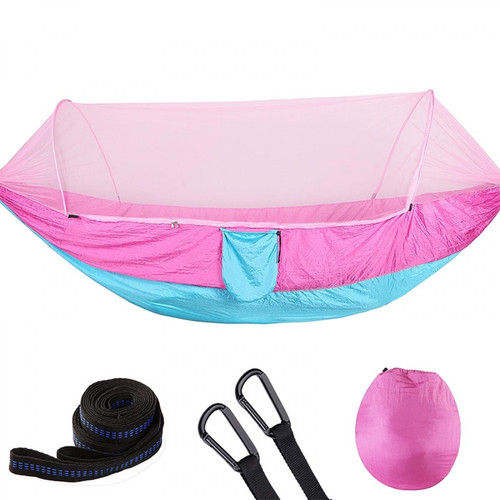 Wewoo Hamac Camping plein air automatique Nylon parachute avec des moustiquairestaille 290 x 140cm rose bleu