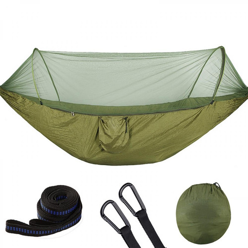 Wewoo Hamac Camping plein air plein-automatique en nylon parachute avec des moustiquairestaille 290 x 140cm vert armée