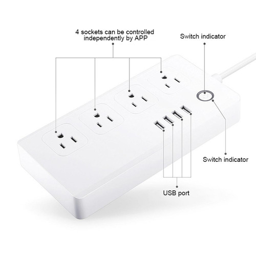 Box domotique et passerelle Prise Connectée 4 ports USB + 4 x US Plug Jack télécommande WiFi Smart Power Socket Fonctionne avec Alexa et Google Home, AC 110-240 V, américaine
