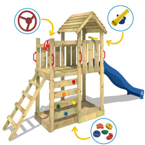 Wickey Aire de jeux Portique bois JoyFlyer avec toboggan bleu Maison enfant extérieure avec bac à sable, échelle d'escalade & accessoires de jeux