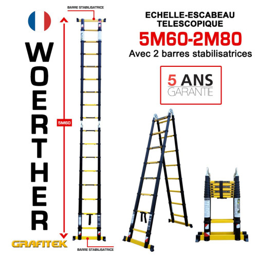 Woerther - Escabeau-échelle télescopique Woerther 5m60/2m80 - Gamme Grafite- Double barre stabilisatrices - Qualité supérieur - Garantie 5 ans Woerther  - Marchand Blanc marine