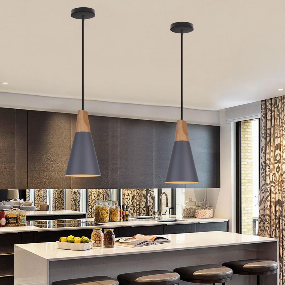 wottes axhup lot de 2 lustre créatif style moderne suspension luminaire en métal gris lampe en bois décoration chambre cuisine sa