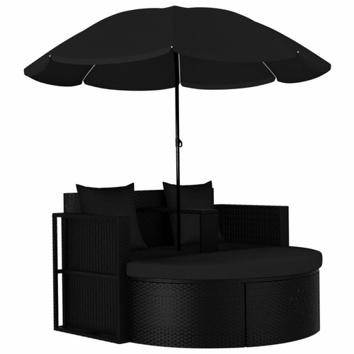 Wottes - Lit de jardin avec parasol Résine tressée Noir - Lit enfant Noir
