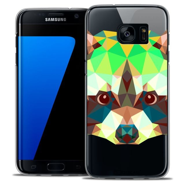 Caseink Coque Housse Etui Galaxy S7 Edge [Crystal HD Polygon Series Animal - Rigide - Ultra Fin - Imprimé en France] - Raton Laveur