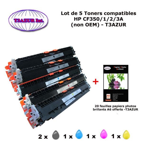 T3Azur - 5 Toners génériques HP 130A, CF350A, CF351A,C F352A, CF353A +20f papiers photos A6 -T3AZUR T3Azur  - Cartouche, Toner et Papier