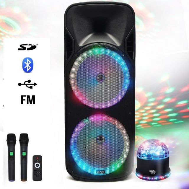 Party Sound - Enceinte autonome double boomer 38cm 900W - USB/SD/MicroSD/BT/RADIO FM + 2 micros sans fil + jeu de lumière Sunmagic - Sonorisation