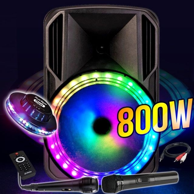 Party Sound -Haut-parleur sono DJ PARTY KARAOKE 800W Batterie Disco Mobile 15"" à LED RGB USB/MICRO SD/Bluetooth / RADIO FM + 2 micros + OVNI Party Sound  - Party Sound