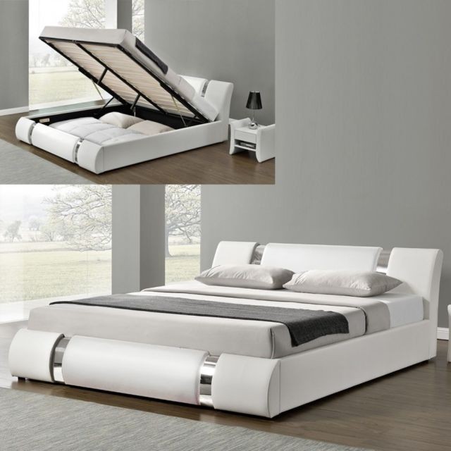 Meubler Design - Lit Coffre Sommier Relevable Nova - Blanc - 180x200 - Cadres de lit