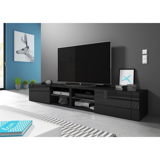 Meubles TV, Hi-Fi Vivaldi VIVALDI Meuble TV - HIT 2 DOUBLE - 200 cm - noir mat / noir brillant - style design