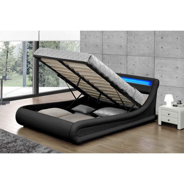 Concept Usine - Lit Portland - Structure de lit en simili Noir avec rangements et LED intégrées - 160x200 cm - Lit avec rangement Cadres de lit