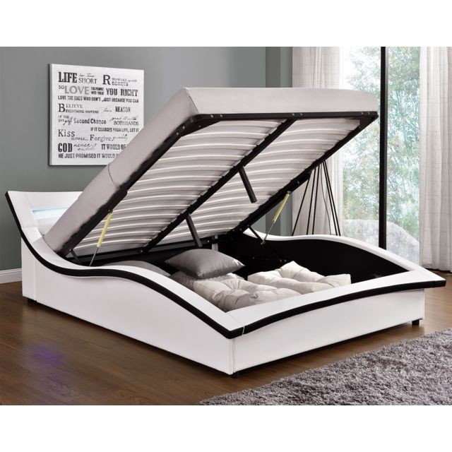 Concept Usine - Lit Camden 160x200cm - Structure de lit en simili cuir blanc avec coffre et LED intégrées - Lit led Cadres de lit