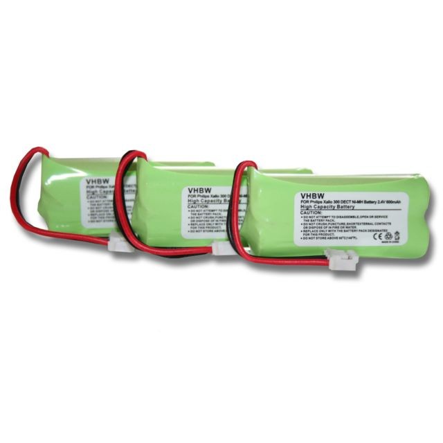 Batterie téléphone Vhbw 3 x batteries Ni-MH 600mAh (2,4 V) pour téléphone Philips Dect, Kala, Xalio, Aleor, Zenianott. Remplace : 2HR-AAAU, H-AAA600X2, H-AAA500X2