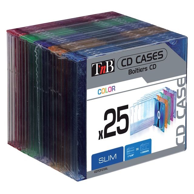 T'Nb - Pack de 25 boîtiers simples Slim color transparents pour 1 CD, plateau translucide coloré T'Nb   - Rangements CD et DVD