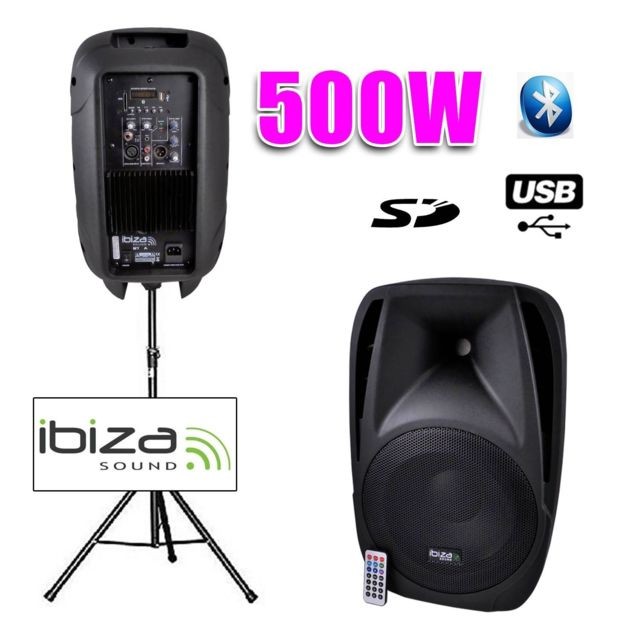 Retours de scène Ibiza Sound Enceinte Dj active 15""/38CM 500W USB/SD/BT + pied