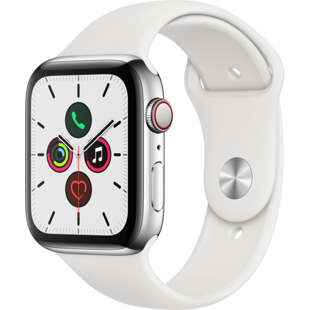 Apple - Watch 5 - 44 - Cellular - Acier / Bracelet Sport Blanc - Objets connectés Reconditionné