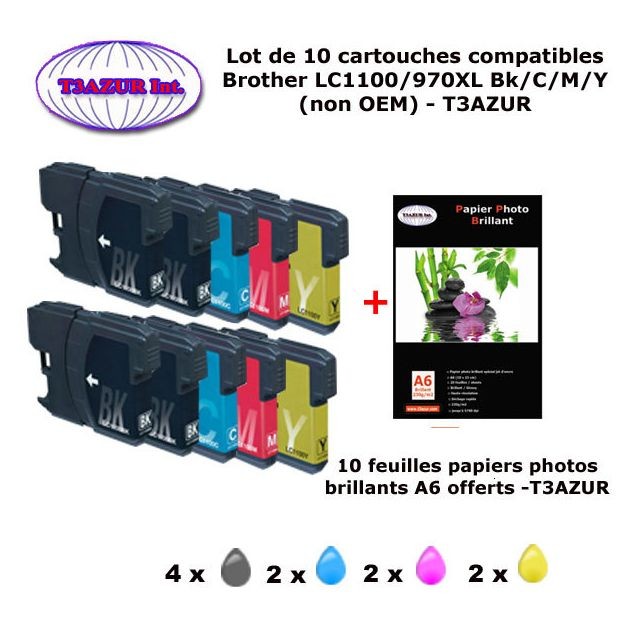 T3Azur - 10 cartouches compatibles LC1100 LC980 XL pour Brother DCP 375CW 377CW 383C 385C 387C 395cn 585CW 6690CW J715W +10f PPA6 -T3AZUR T3Azur  - Cartouche, Toner et Papier
