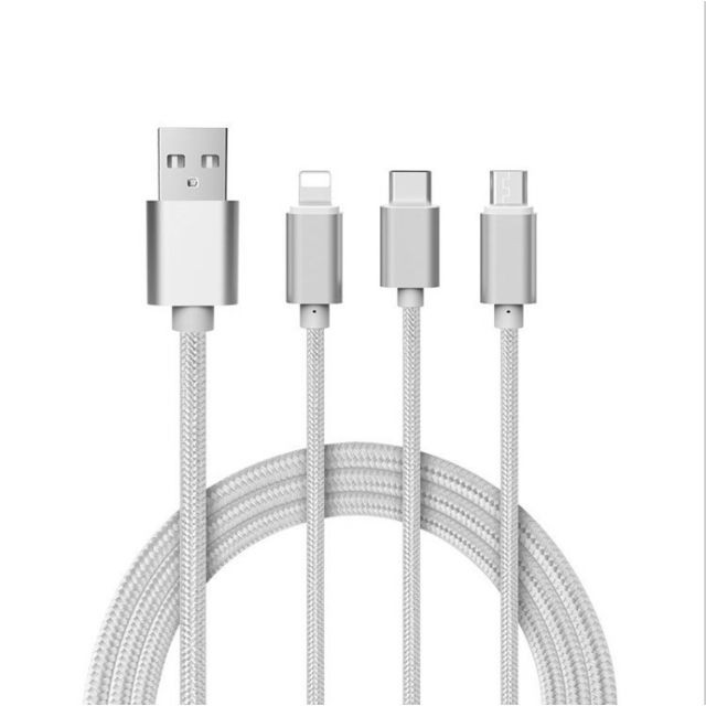 Shot - Cable 3 en 1 Pour IPAD Air 2 Android, Apple & Type C Adaptateur Micro USB Lightning 1,5m Metal Nylon (ARGENT) - Chargeur secteur téléphone