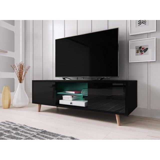 Meubles TV, Hi-Fi Vivaldi VIVALDI Meuble TV - SWEDEN - 140 cm - noir mat / noir brillant +LED - style scandinave