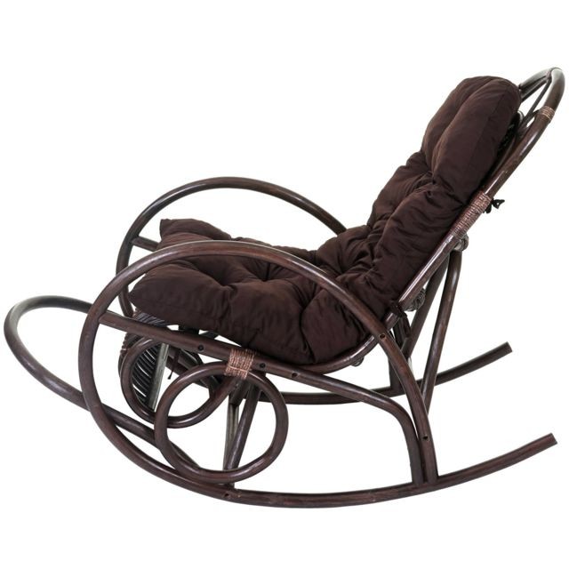 Mendler Fauteuil à bascule HWC-C40, rocking-chair, fauteuil en rotin, marron ~ coussin marron