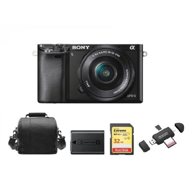 Sony - SONY A6000 Black KIT SEL 16-50MM F3.5-5.6 OSS Black + 32GB SD card + camera Bag + NP-FW50 Battery + Memory Card Reader - Reflex Numérique
