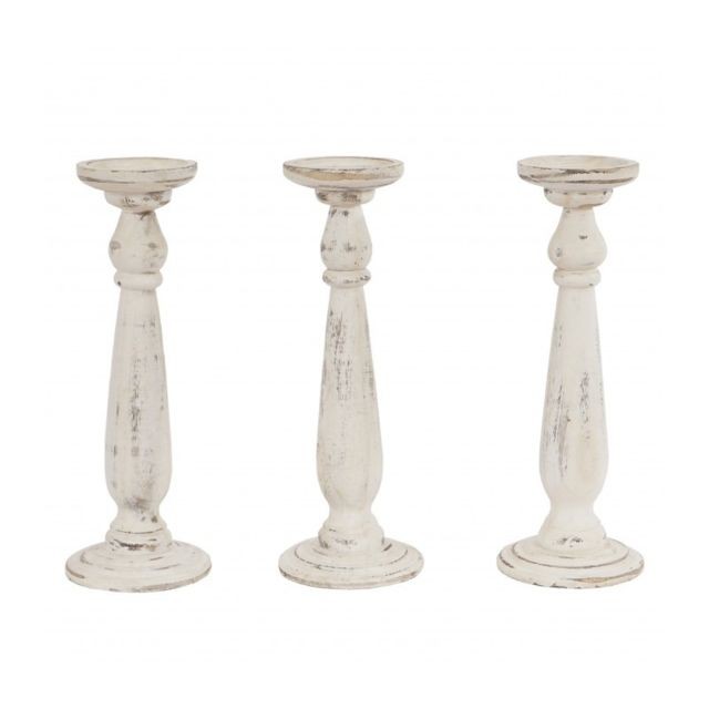 Decoshop26 -Set de 3 bougeoirs chandelier en bois hauteur 35 cm blanc vintage DEC04053 Decoshop26  - Bougeoirs, chandeliers