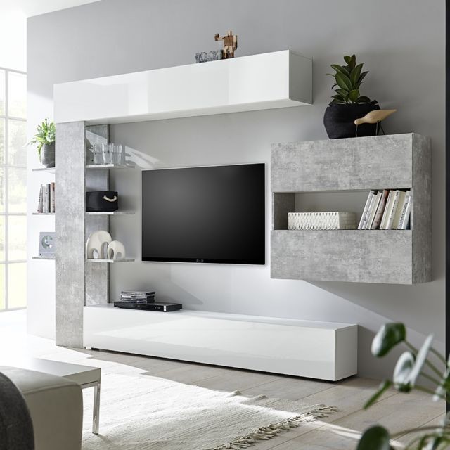 Kasalinea - Ensemble meubles tv blanc et béton SOPRANO 2 - Meubles TV, Hi-Fi Kasalinea