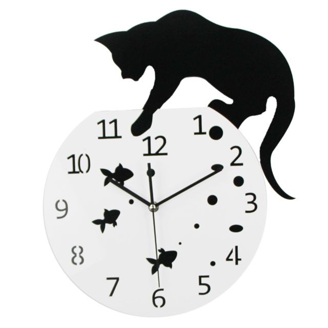 marque generique 3d conception acrylique horloge murale chat et poisson horloge quartz montre chambre décor