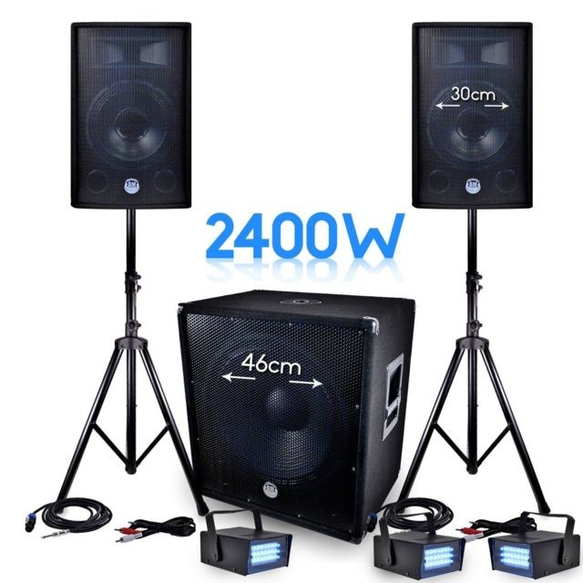 Bm Sonic - PACK Sonorisation DJ PA BMS-1812 2400W SUB 46cm - 2 HP 30cm + Câbles + 3 Mini LEDSTROBES LytOr - Bm Sonic