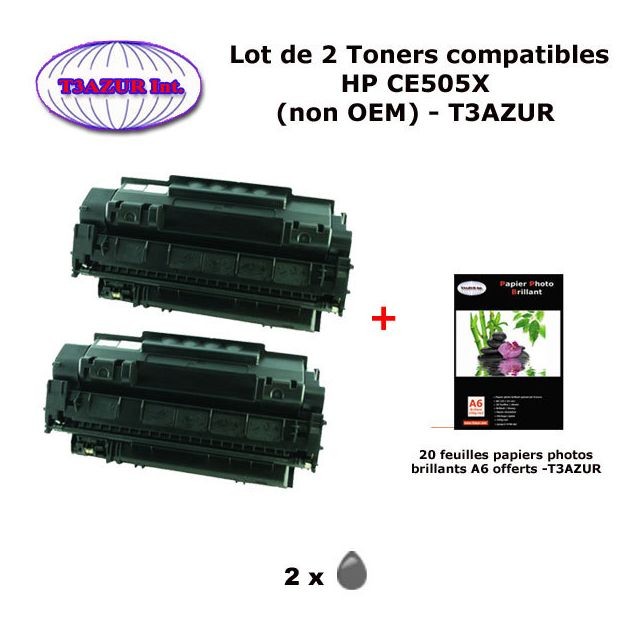 T3Azur - 2 Toners génériques HP CE505X ,HP 05X pour HP LaserJet P 2030 2035 2050 2055 +20f papiers photos A6 -T3AZUR T3Azur  - Hp laserjet p