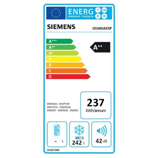 Siemens siemens - congélateur armoire 60cm 242l no frost a++ noir - gs36nax3p