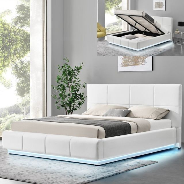 Meubler Design - Lit design Alexi avec sommier et coffre de rangement - Blanc - 160x200 - Cadres de lit Blanc casse