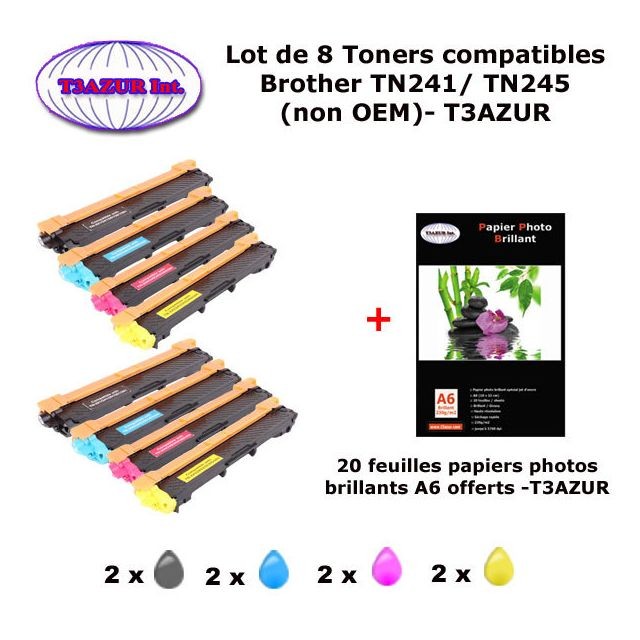 T3Azur - 8x Toners compatibles Brother HL 3172CDW, MFC 9142CDN, MFC 9332CDW, MFC 9342CDW + 20f A6 brillants - T3AZUR T3Azur  - Cartouche, Toner et Papier