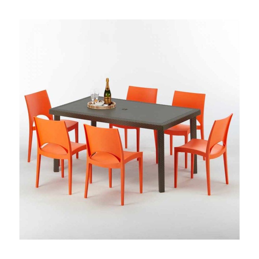 Grand Soleil Table rectangulaire 6 chaises Poly rotin resine 150x90 marron Focus, Chaises Modèle: Paris orange