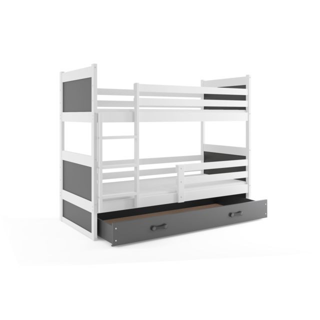 Interbeds - Lit superposé rico 160x80 avec matelas sommiers et tiroir en blanc+gris - Interbeds