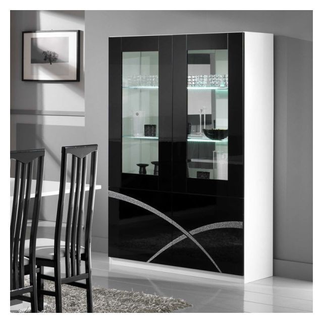 Dansmamaison - Vaisselier 4 portes Noir/Blanc laqué à LEDS - CROSS - L 118 x l 46 x H 181 cm - Bons Plans Buffets, chiffonniers