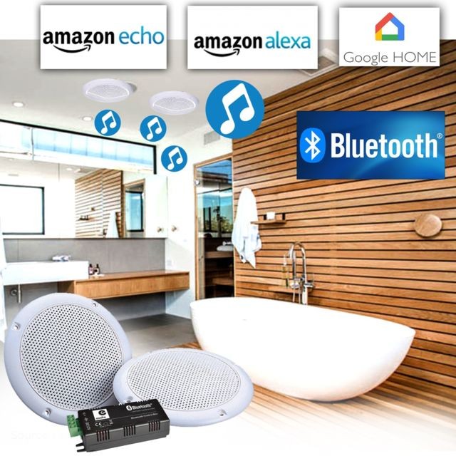 E-Audio - Haut-parleurs 80W plafond encastrable WATERPROOF Hifi amplifiée compatible Smartphone Google Home Bluetooth Amazon Alexa Echo - Sono et éclairages de soirée