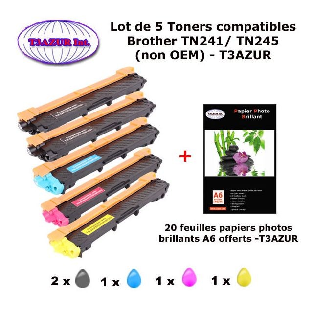 T3Azur - 5x Toners compatibles Brother HL 3172CDW, MFC 9142CDN, MFC 9332CDW, MFC 9342CDW + 20f A6 brillants - T3AZUR T3Azur  - Cartouche, Toner et Papier