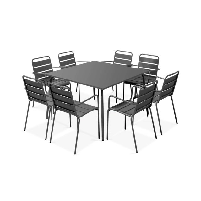 Ensembles tables et chaises Oviala Table de jardin carrée et 8 fauteuils en métal, Palavas - Gris