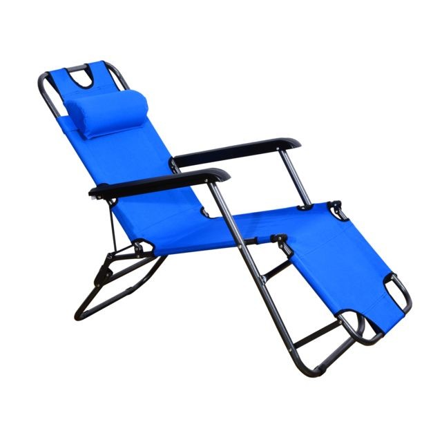 Transats, chaises longues Chaise longue inclinable transat bain de soleil 2 en 1 pliant têtière amovible charge max. 136 Kg toile oxford facile d'entretien bleu