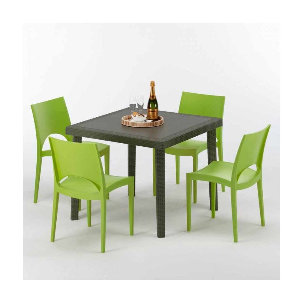 Grand Soleil Table carrée et 4 chaises colorées Poly-rotin résine 90x90 marron, Chaises Modèle: Paris Vert