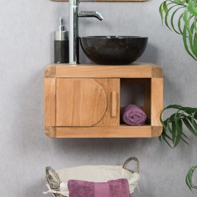 Wanda Collection - Petit Meuble de salle de bain suspendu 50 cm en teck massif rétro - Salle de bain, toilettes