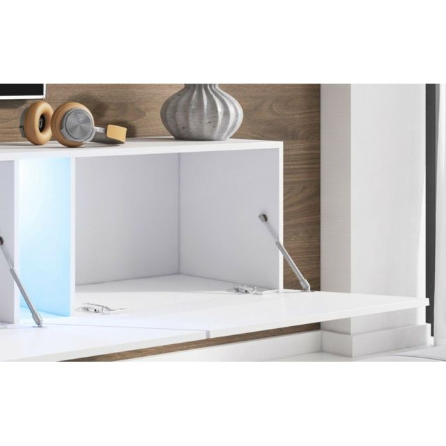 Meubles TV, Hi-Fi Meuble TV coloris blanc mat / blanc brillant avec éclairage LED bleu - 240 x 34 x 40 cm -PEGANE-