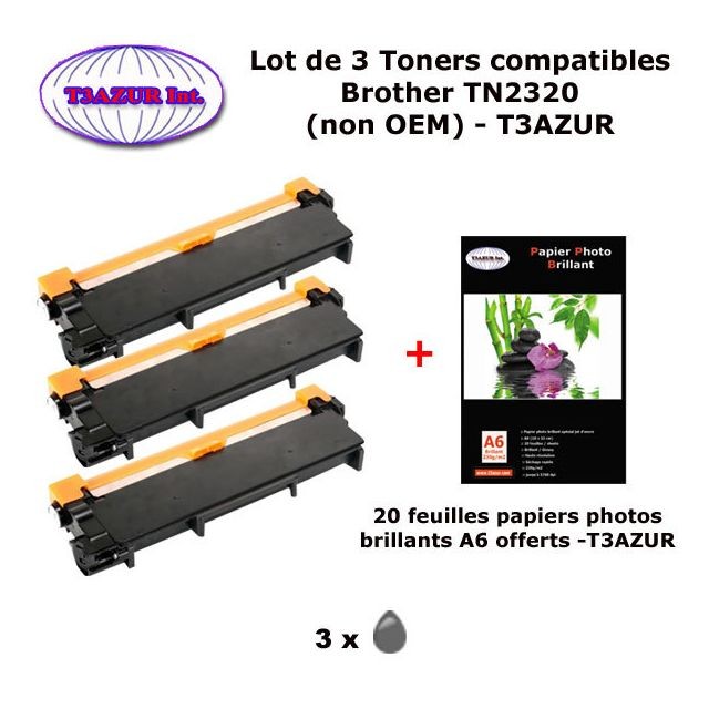 T3Azur - 3 Toners génériques TN-2320 pour Brother HL L2300 L2300D L2340DW L2360DN L2365DW imprimante+ 20f A6 brillantes -T3AZUR T3Azur  - Accessoires et consommables