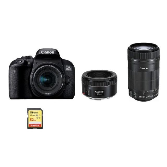 Canon - CANON EOS 800D KIT EF-S 18-55mm F4-5.6 IS STM+ EF-S 55-250mm F4-5.6 IS STM + EF 50mm F1.8 STM + 32GB SD card Canon  - 800D Photo & Vidéo Numérique