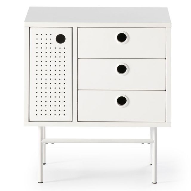Tousmesmeubles - Table de chevet 1 porte 3 tiroirs Blanc/Blanc - PAYA - Chevet Design