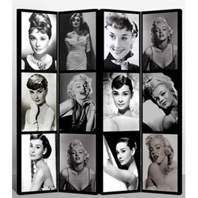 Paravents Pegane Paravent toilé noir/blanc Audrey Hepburn-Marilyn Monroe 4 pans -H180cm