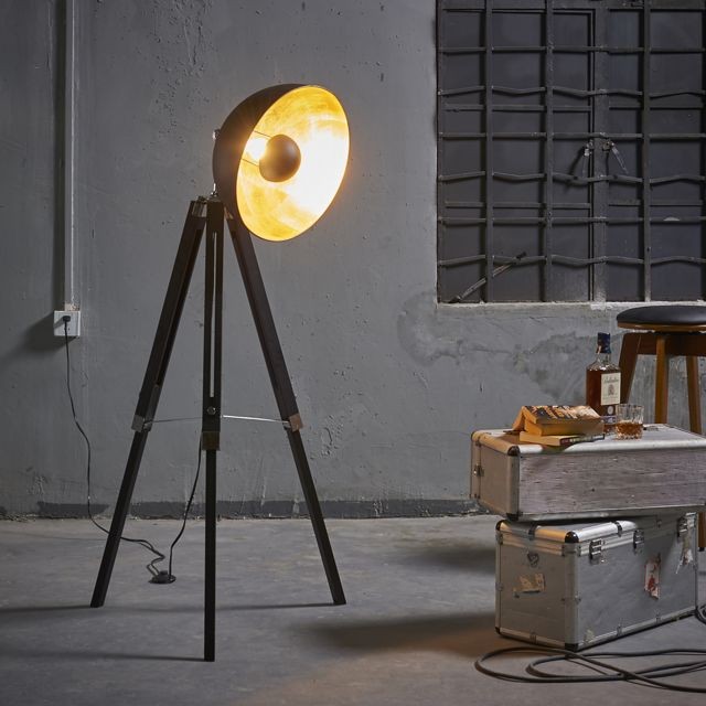 Versanora - Lampadaire Fascino métal rétro projecteur lampe de sol noir dorée VN-L00019-EU - Lampadaires