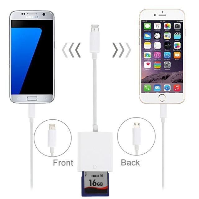 Lecteur carte mémoire Wewoo Pour iPhone, iPad, Samsung, Sony blanc et autres Smartphones iOS 9.2 ci-dessus, Android avec fonction OTG Lightning Lecteur de carte Micro USB vers SD