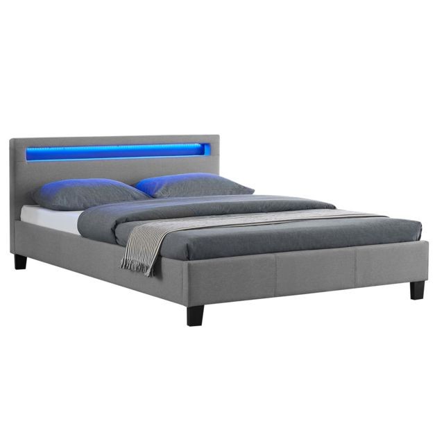 Idimex - Lit double pour adulte RIOJA avec sommier 140x190 cm 2 places 2 personnes, tête de lit avec LED intégrées, en tissu gris - Cadres de lit